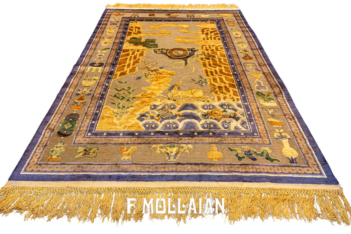 Tapis Chinois Ancien en Soie et Métal Couleur Dorée/Marron n°:414989